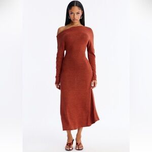 Off-Shoulder Long Sleeve Rust Knit Dress
